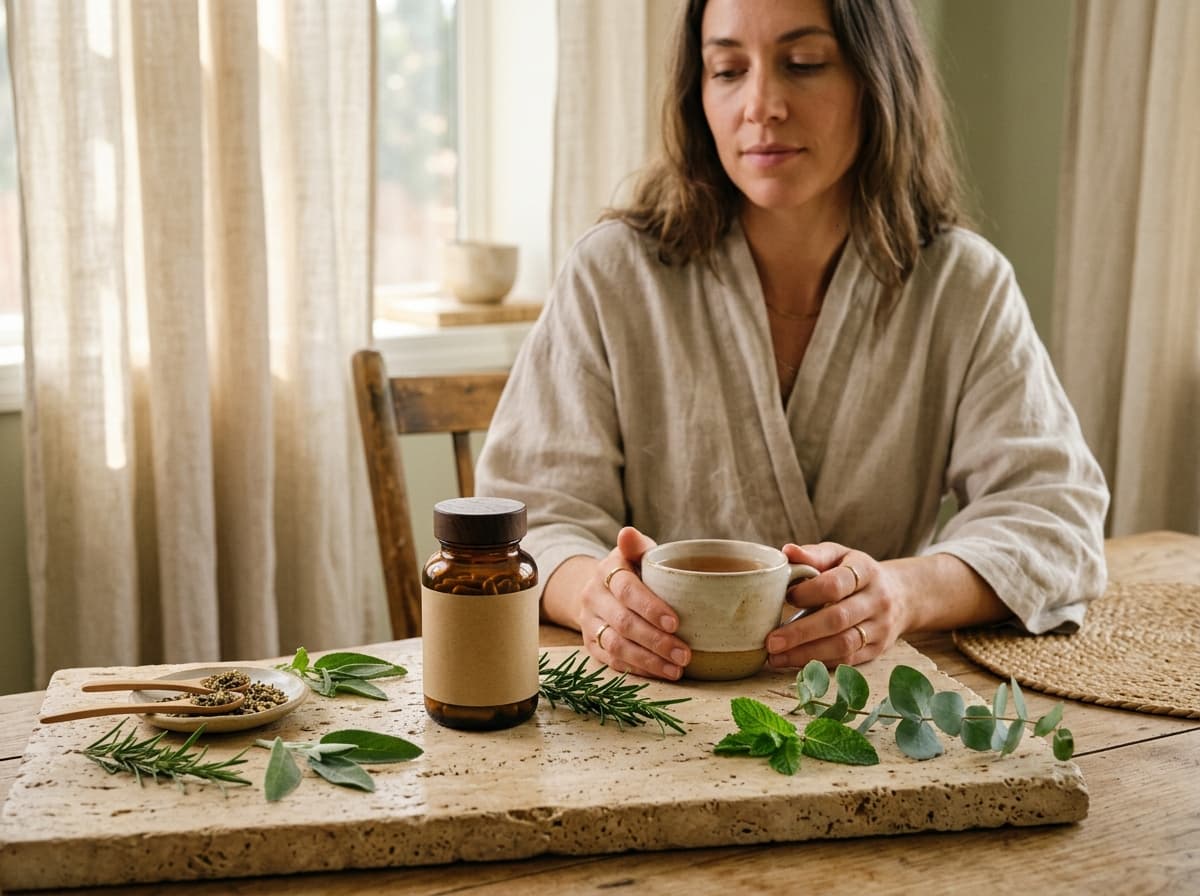 Morning wellness routine with botanical tea and Uveon supplement bottle